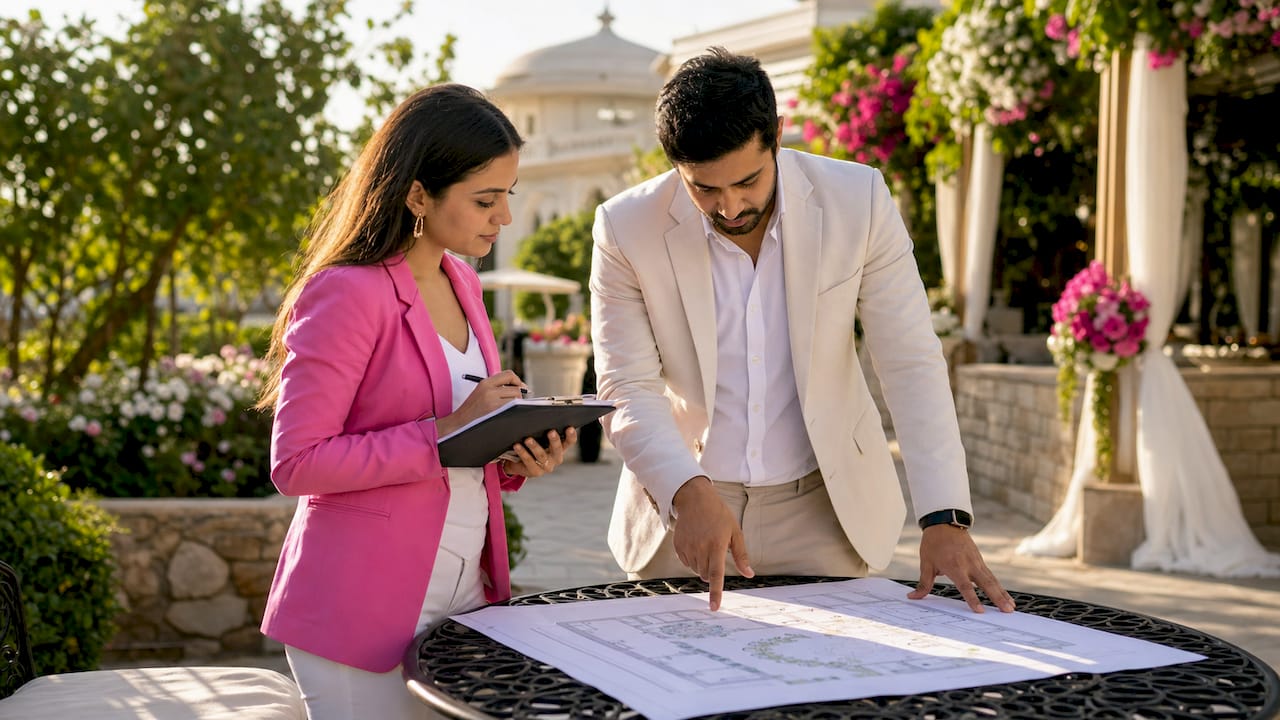 Planners reviewing venue floor plan during site visit