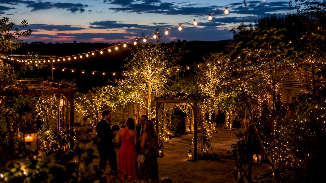 Rustic barn wedding venue with decorative lights
