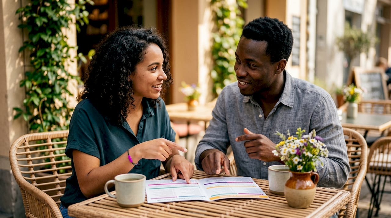 Couple planning wedding entertainment options