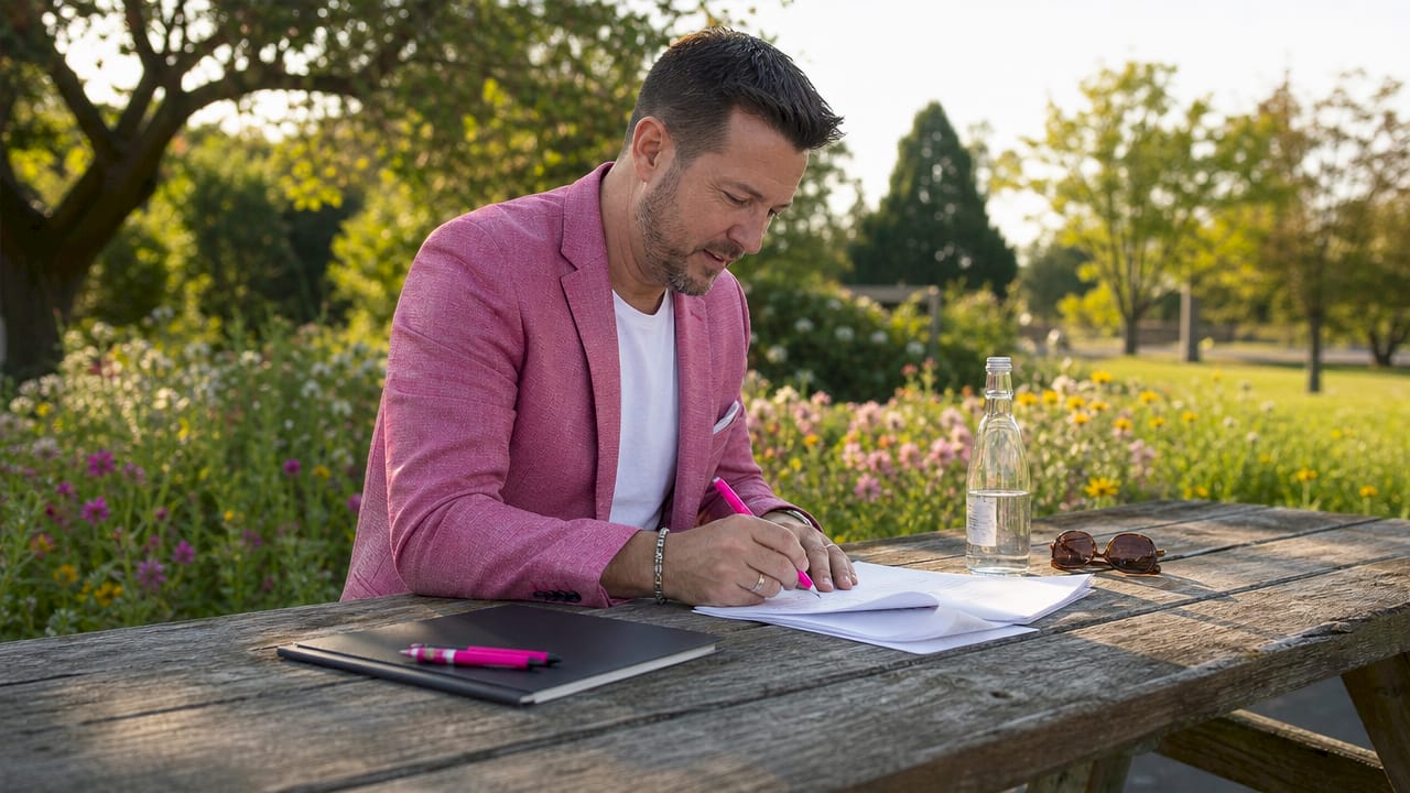 Male MC preparing event notes at conference table