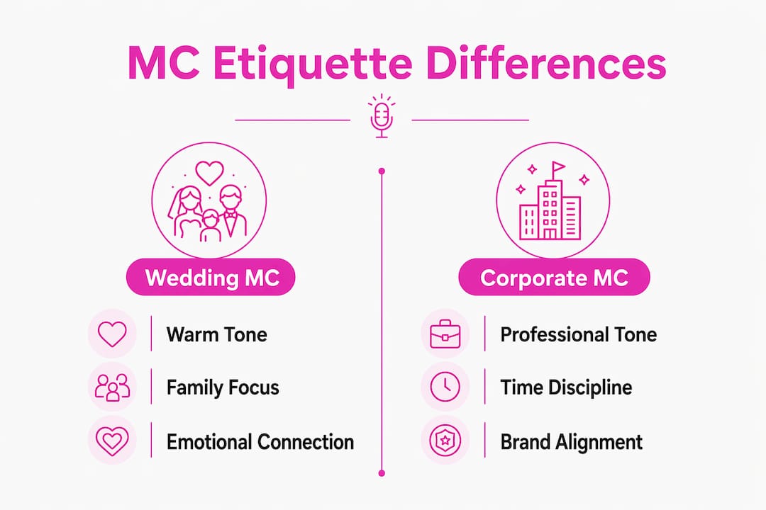 Infographic comparing wedding and corporate MC etiquette