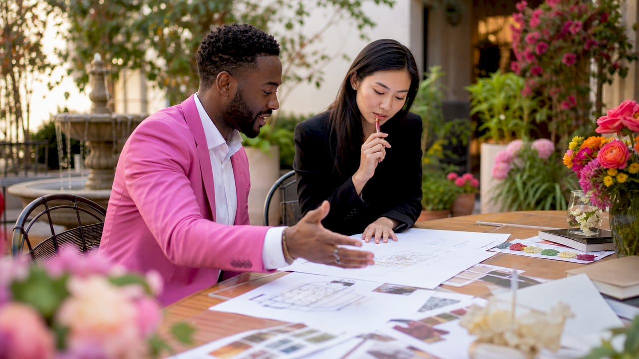 Two professionals collaborating on event design