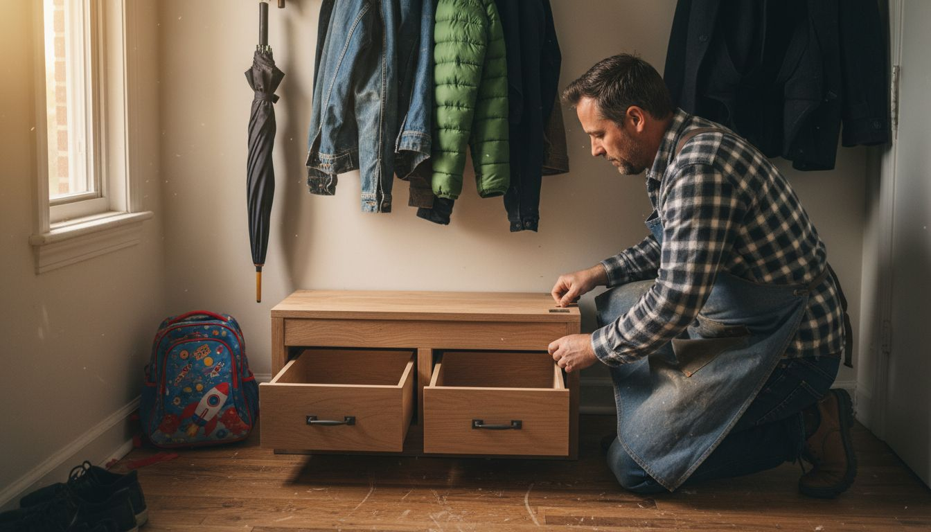 Craftsman installing space-saving entryway bench