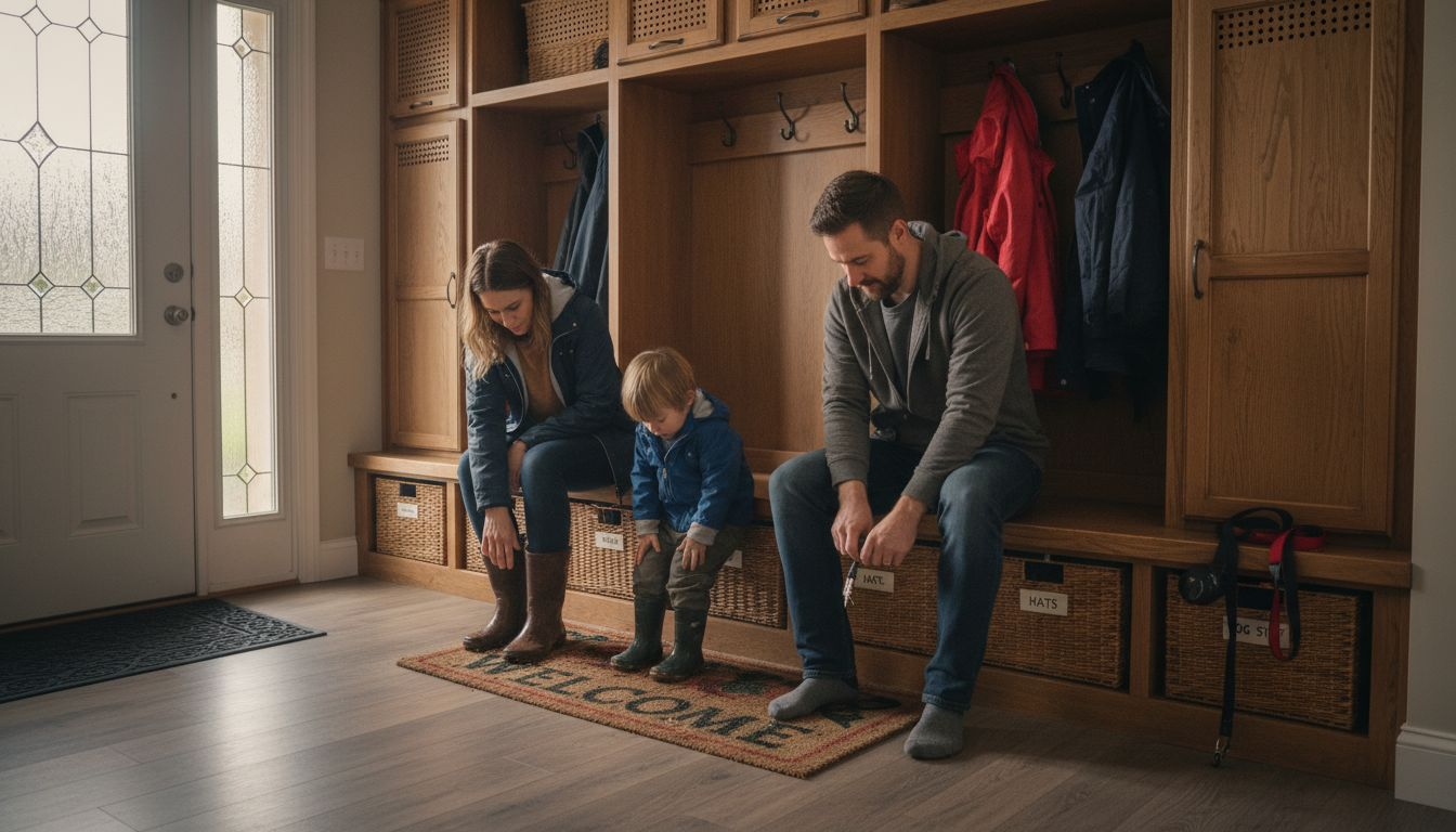 Family uses mud locker entry bench