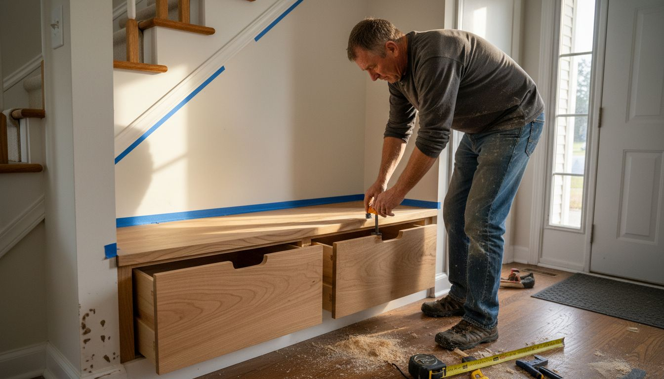 Carpenter installing built-in entryway bench