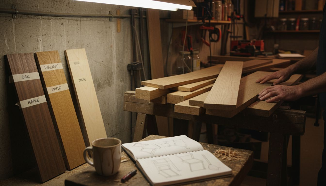 Craftsman examines wood planks for quality