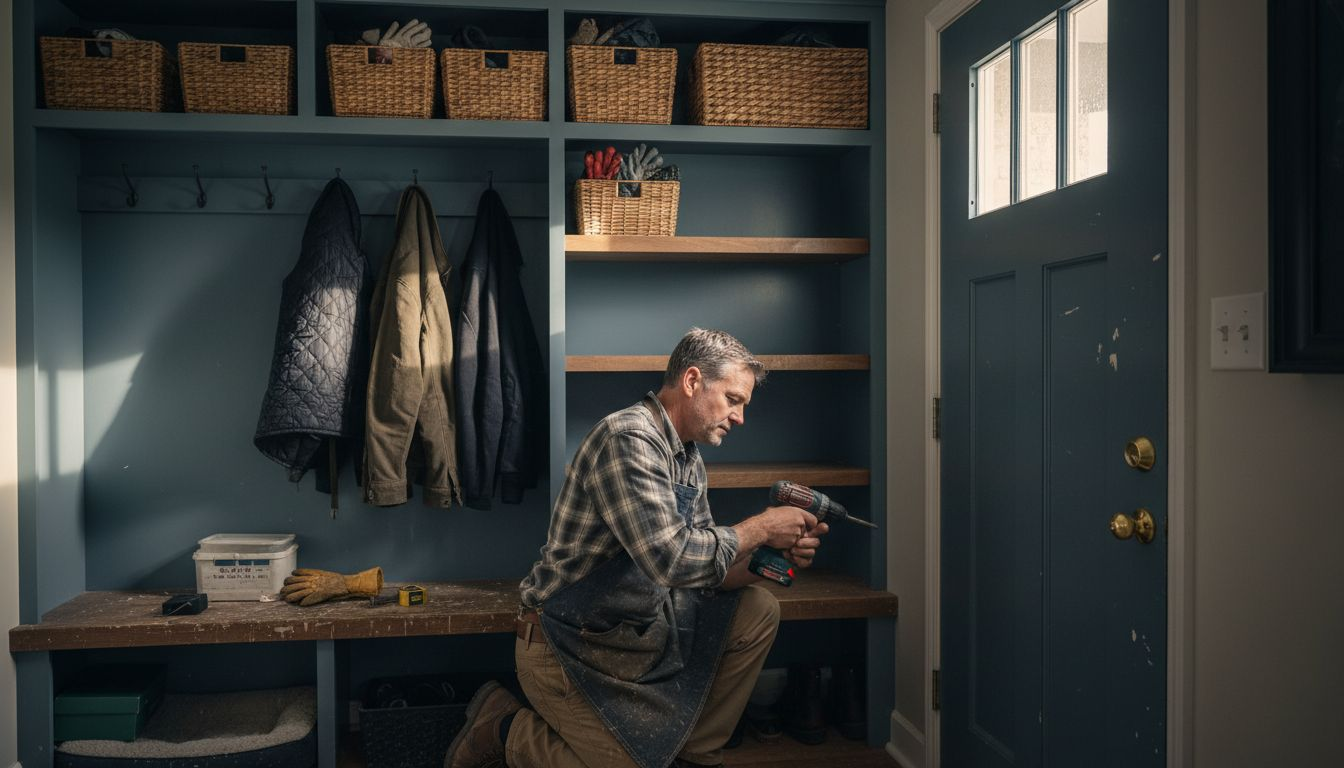 Carpenter custom mudroom shelf installation