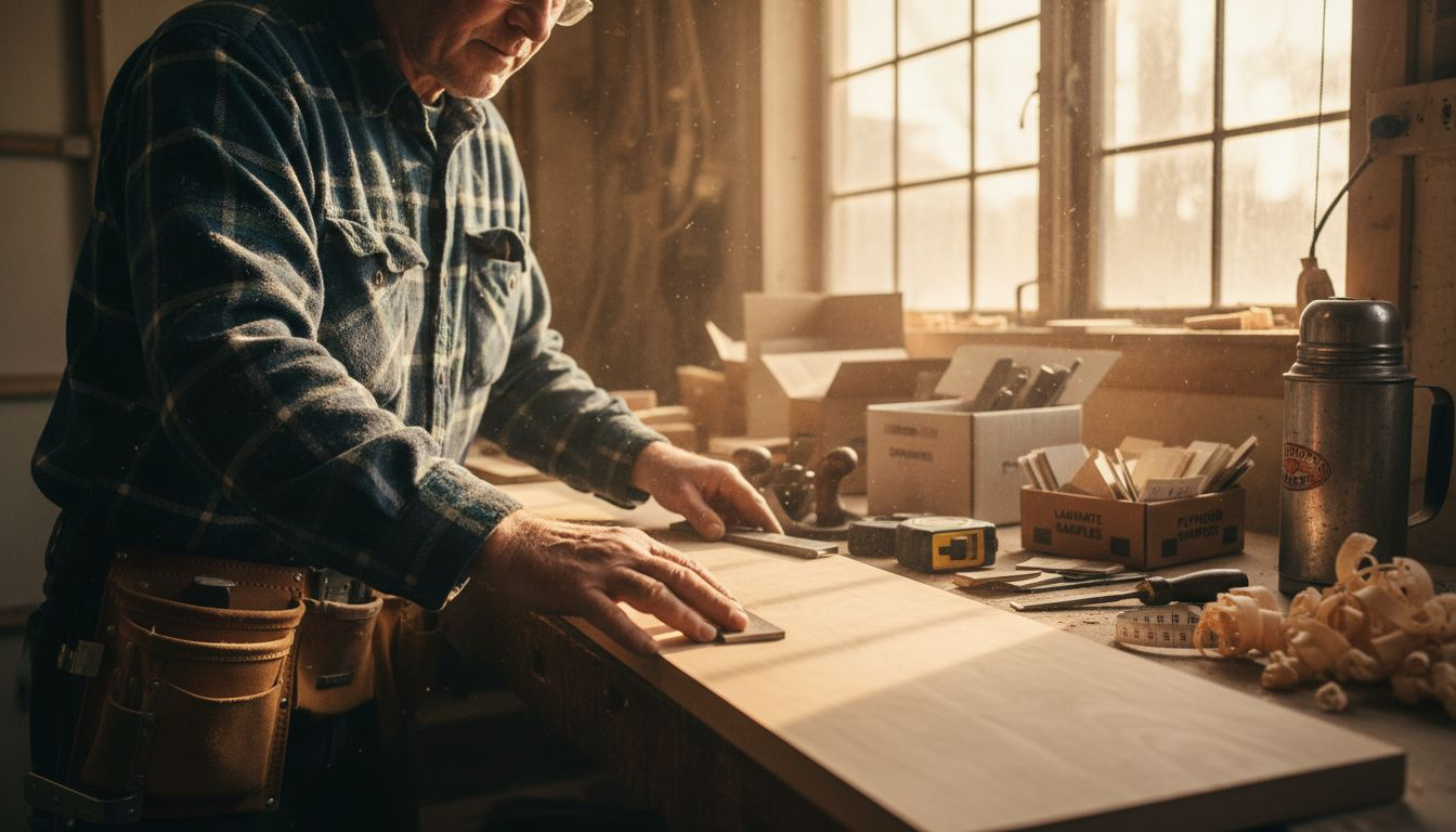 Carpenter reviews entryway storage material samples