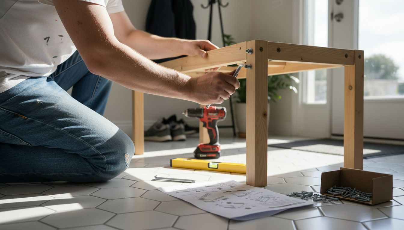 Person assembling entryway bench in hallway