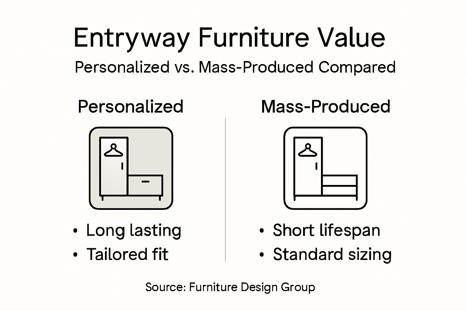 Infographic contrasting custom and mass entryway furniture