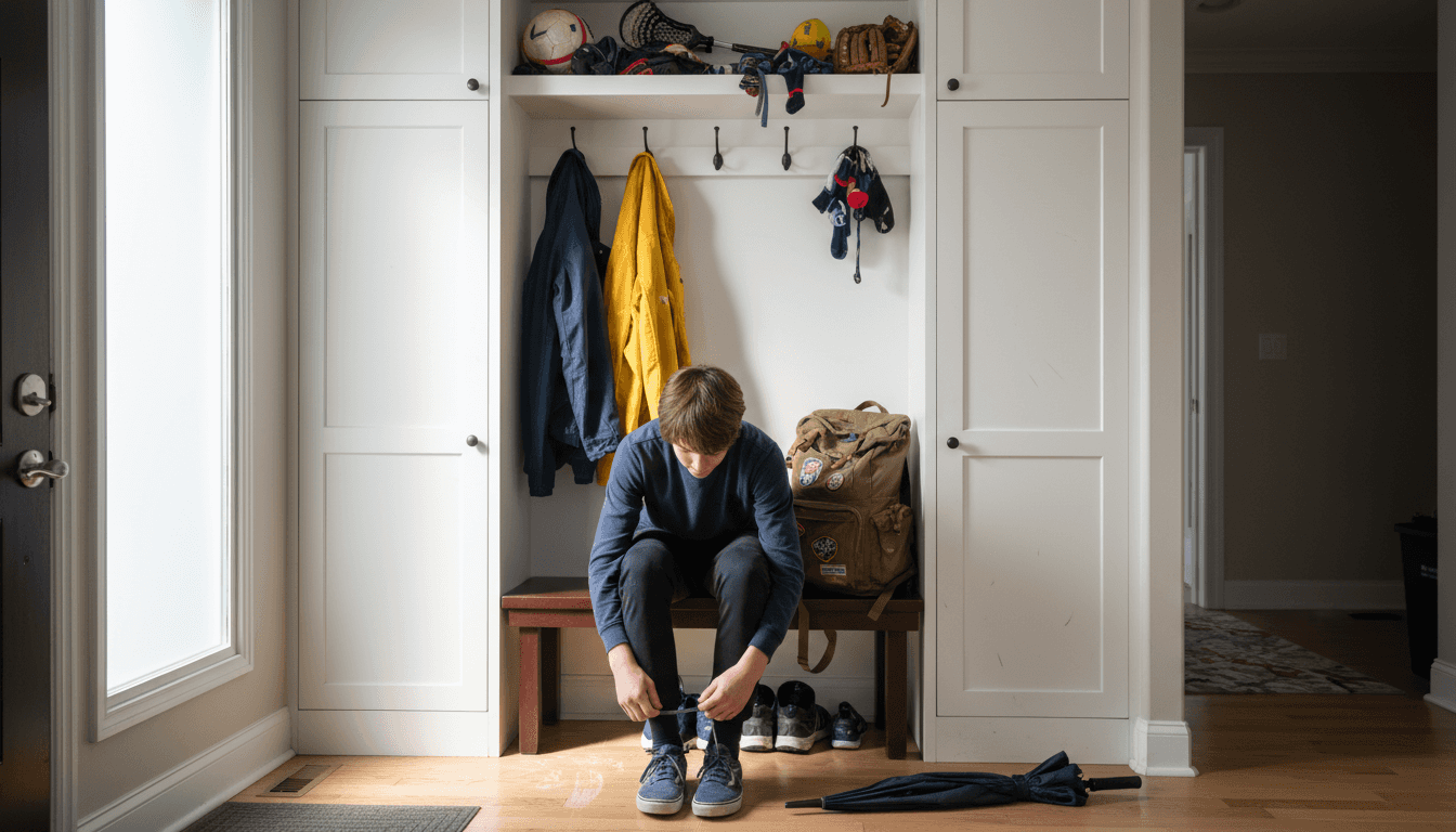 Teen using entry bench and storage mud locker