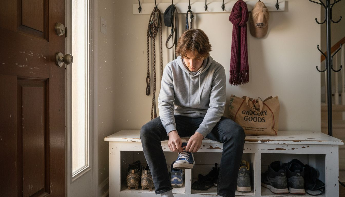 Boy tying shoes with storage bench and hooks
