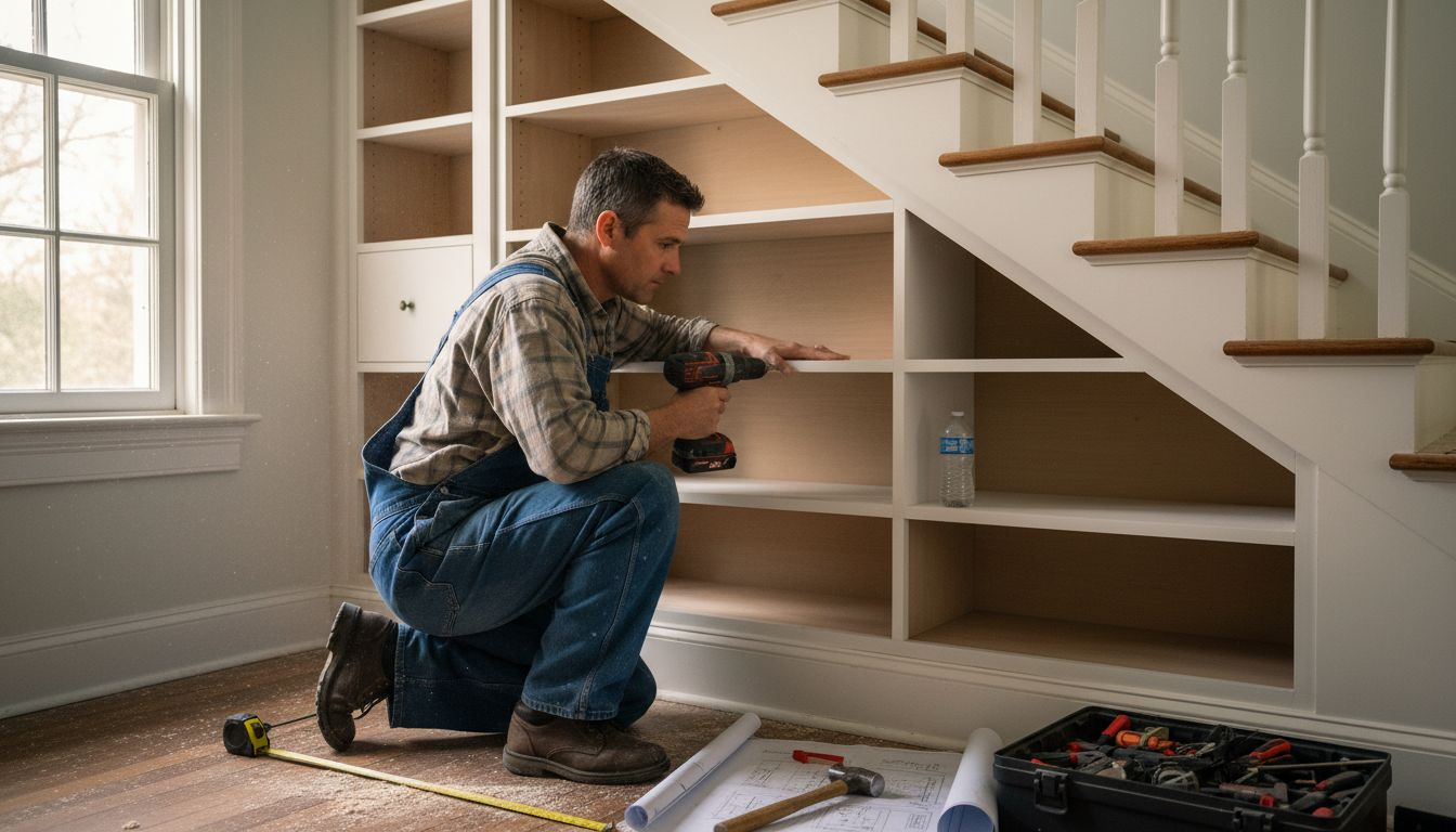 Carpenter fitting storage under staircase