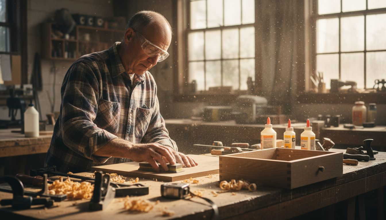 Cabinetmaker sanding oak in Maryland workshop