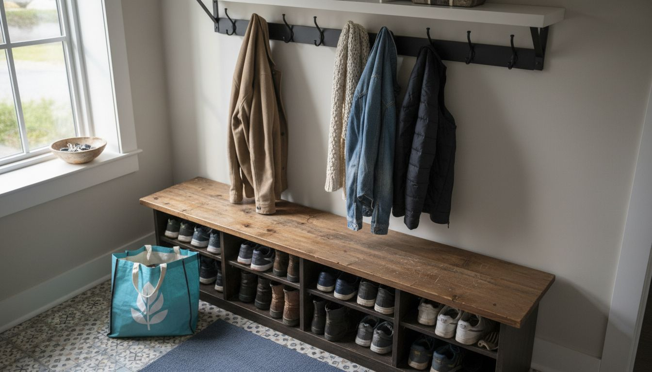 Entryway storage with shoes and coat hooks
