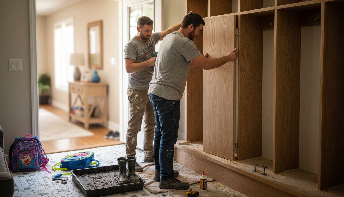 Workers install custom mud locker entryway
