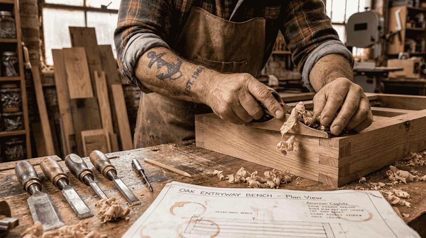 Woodworker crafting durable oak entryway bench