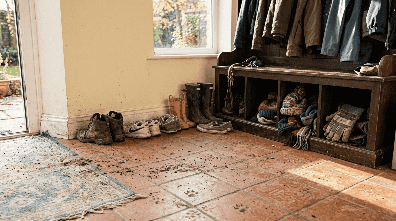 Mudroom flooring and bench storage details