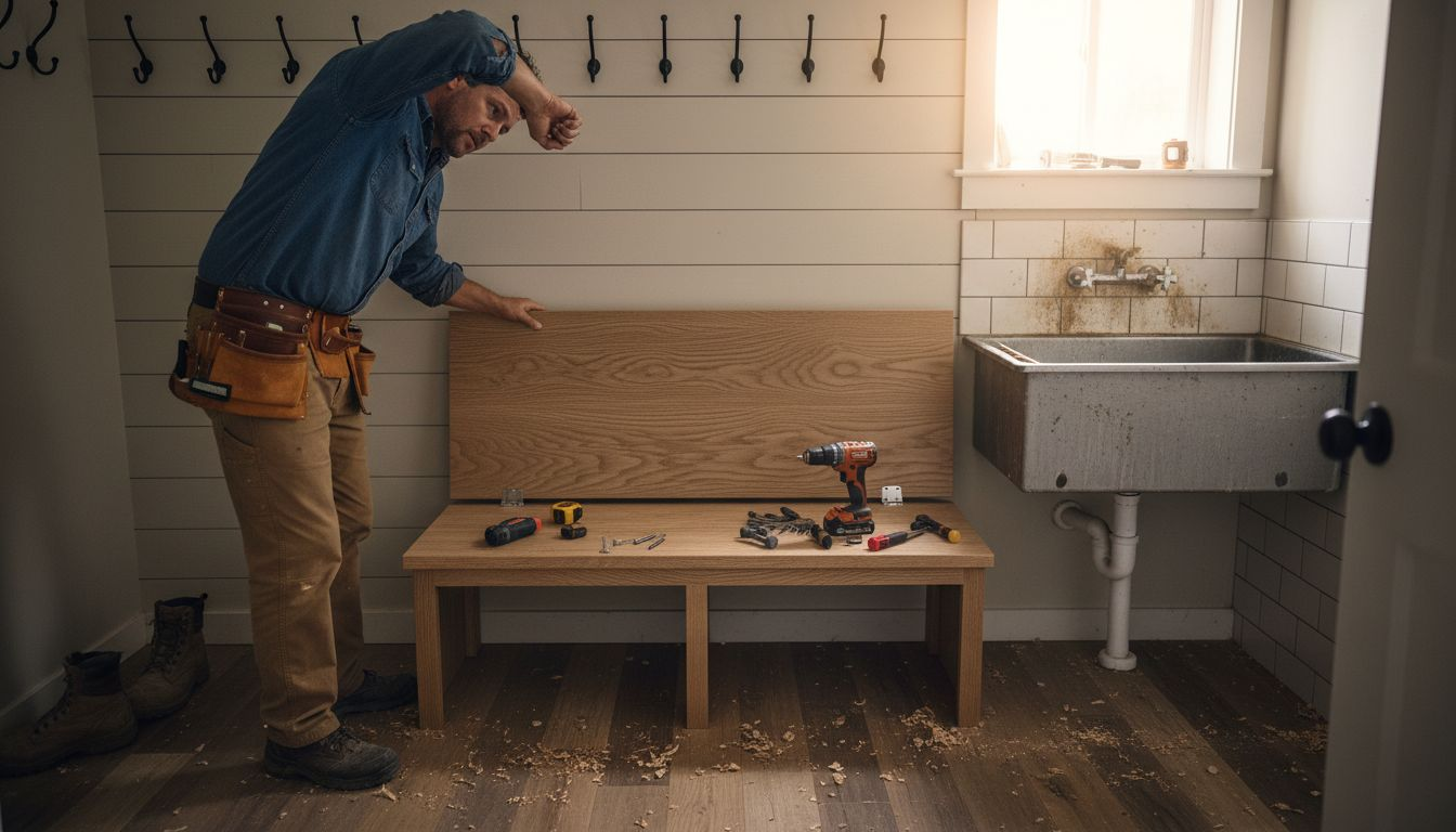 Carpenter installing mudroom bench storage