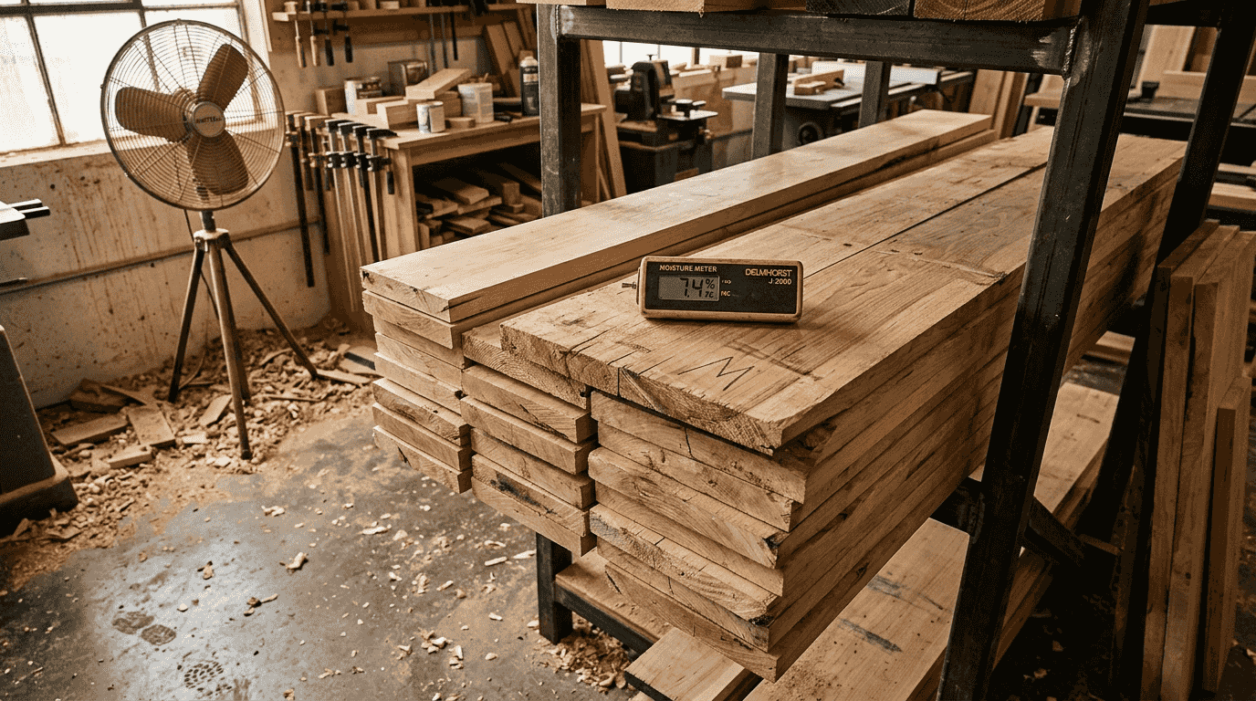 Moisture meter on maple boards in material storage