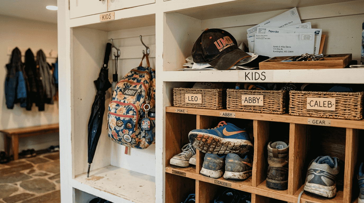 Detail view of personalized mud locker compartments