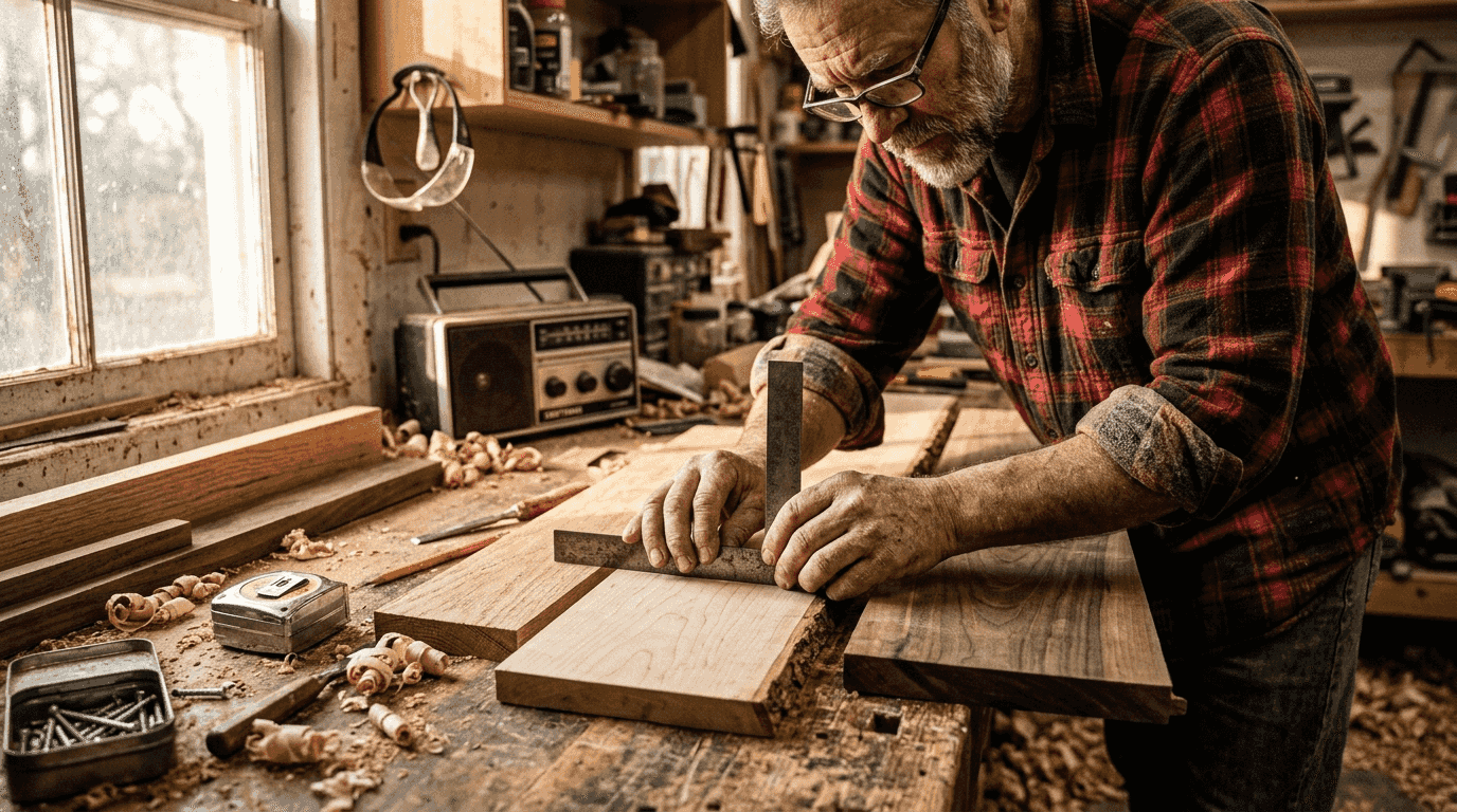 Woodworker selecting boards in cluttered workshop