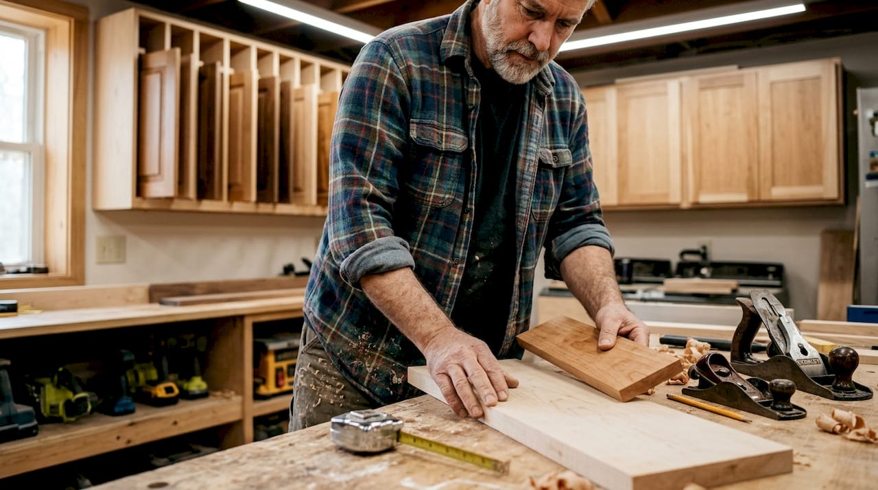 Craftsman selecting hardwood for entryway build