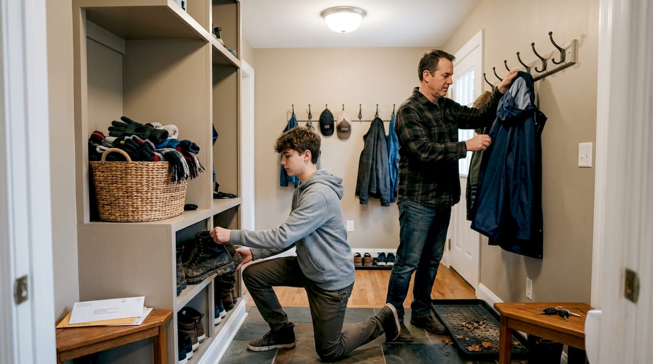 Father and son using vertical mudroom storage