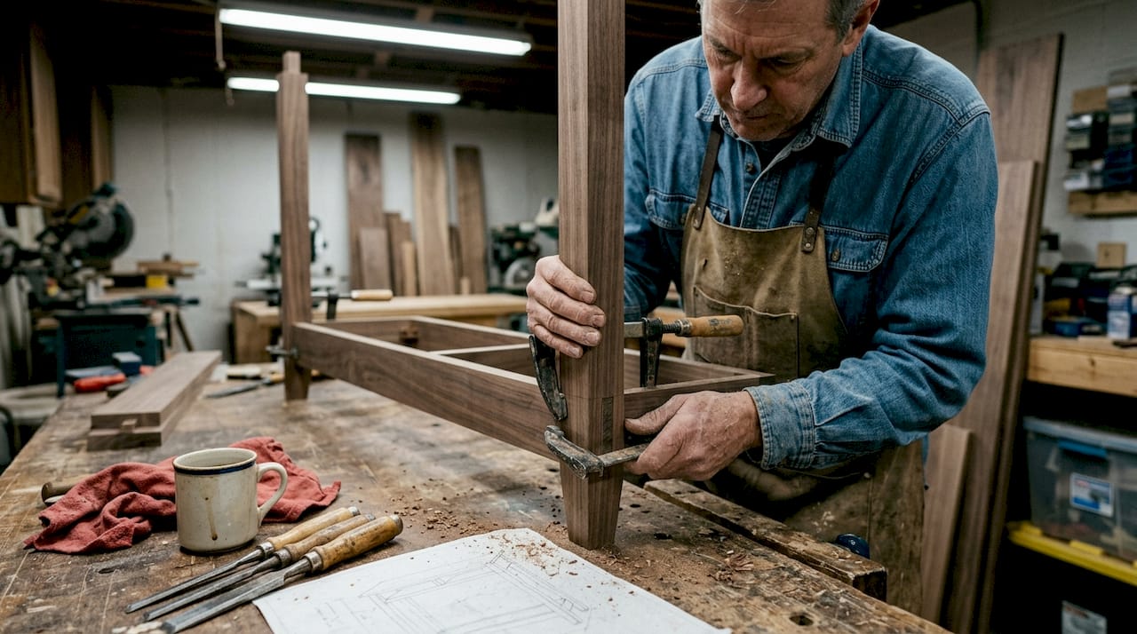 Craftsperson assembling console with wood joinery