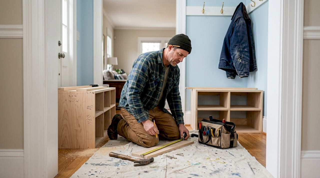 Carpenter installing custom mud locker entryway