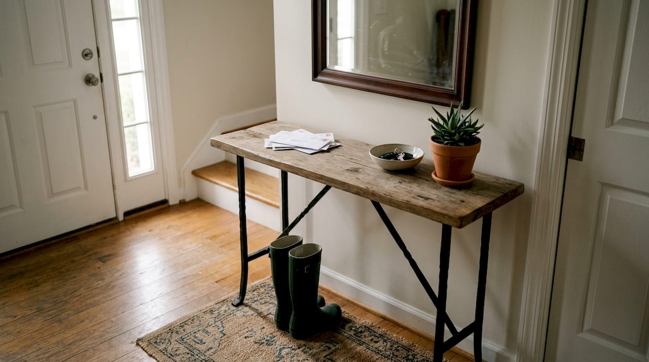 Handcrafted console table with iron legs and oak top
