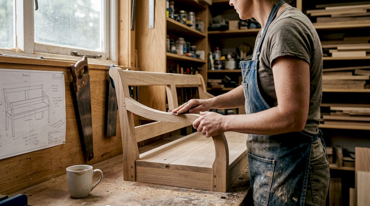 Craftsperson assembling entryway bench in workshop