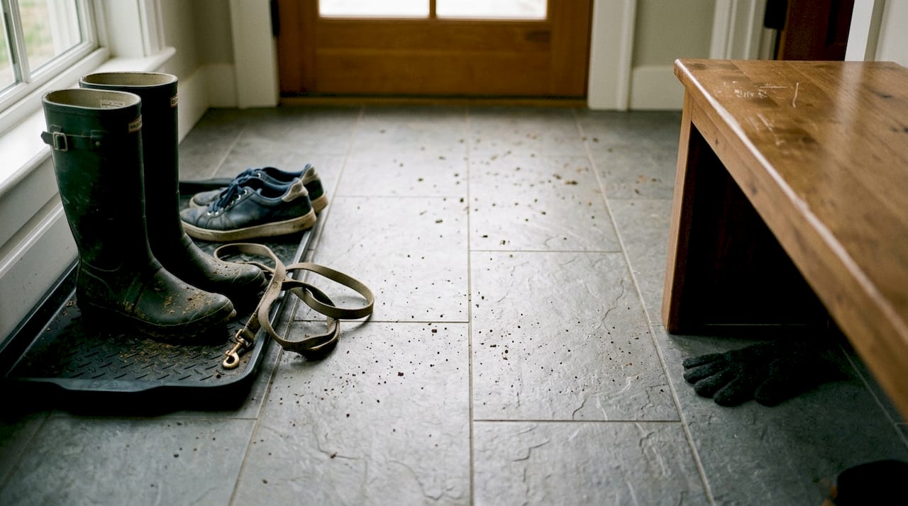 Porcelain tile and mat in active mudroom