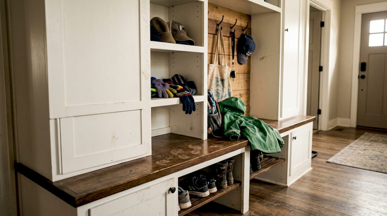 Close-up of organized mud locker storage