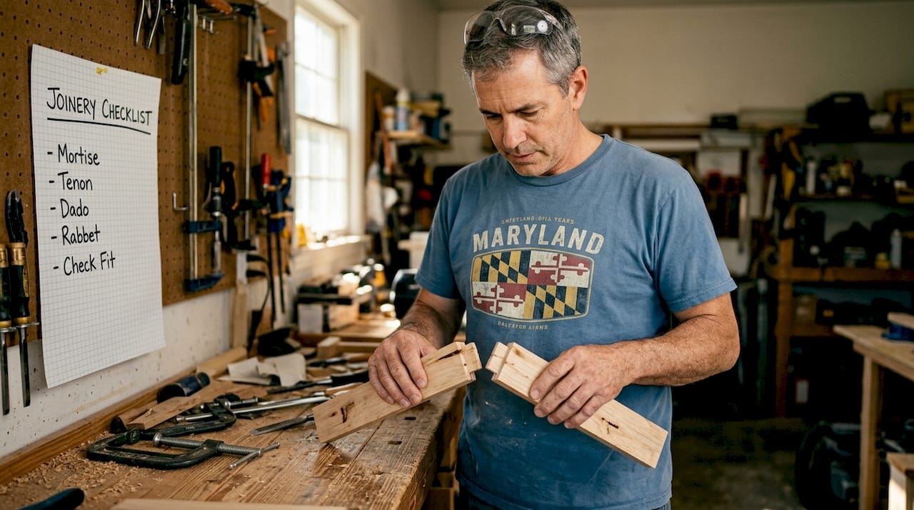 Carpenter checking wood joinery for mistakes