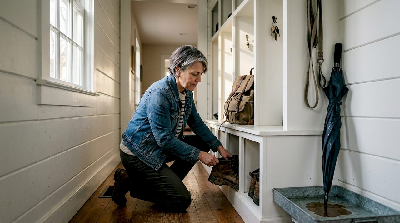 Woman storing boots in built-in mudroom cubby