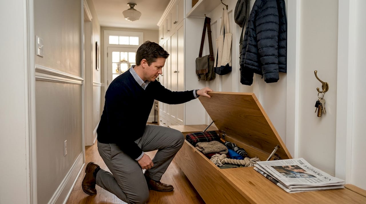 Person using bench with hidden entryway storage