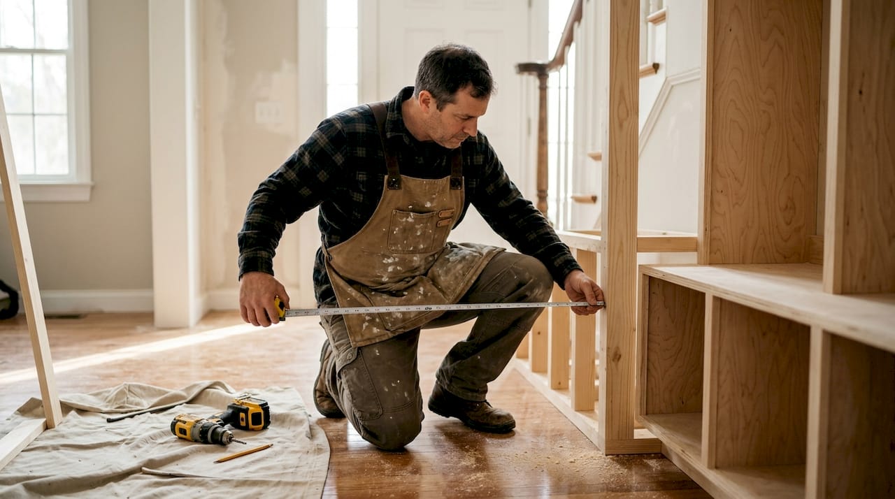 Carpenter measuring custom entryway built-in