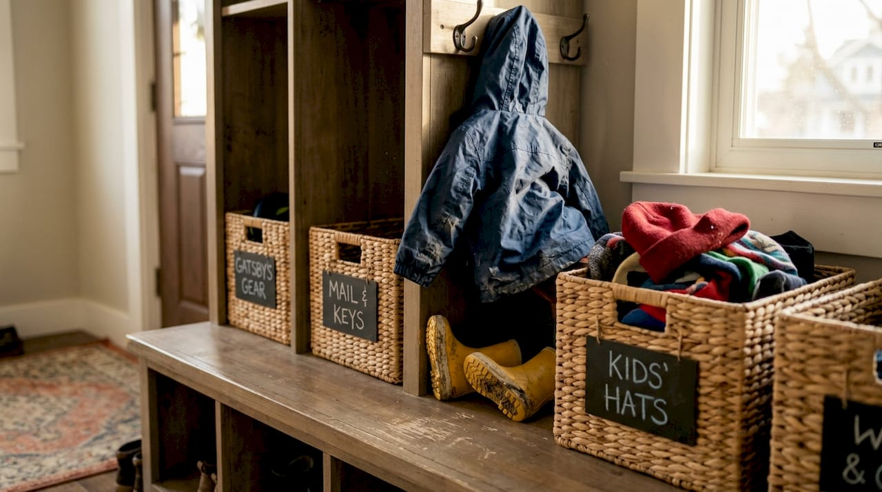 Labeled baskets and cubbies in entryway