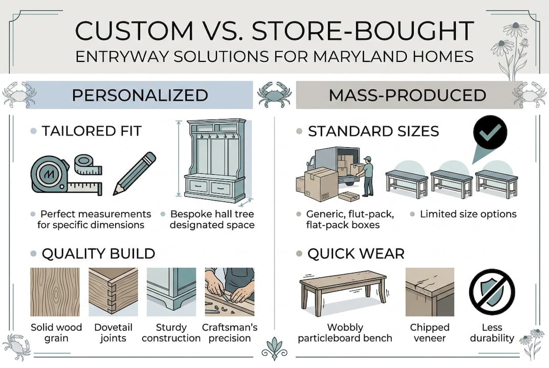 Infographic comparing custom and store-bought entryway furniture