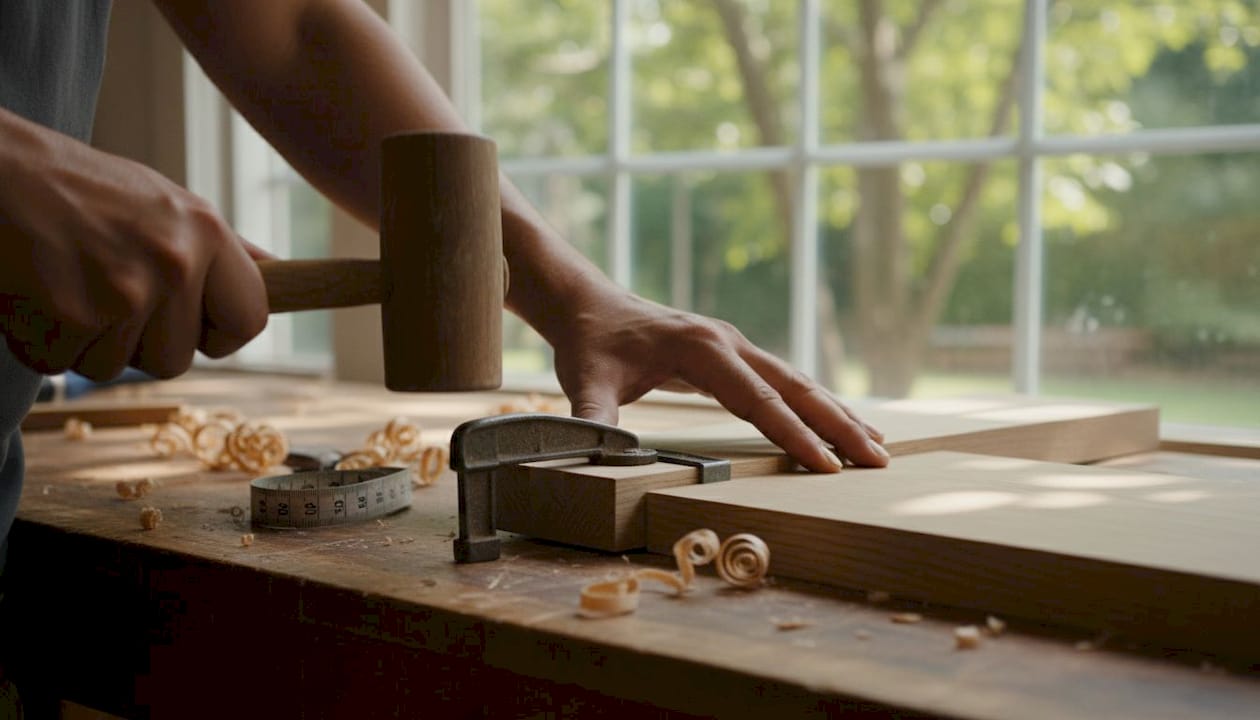 Craftsperson assembling hardwood entryway bench