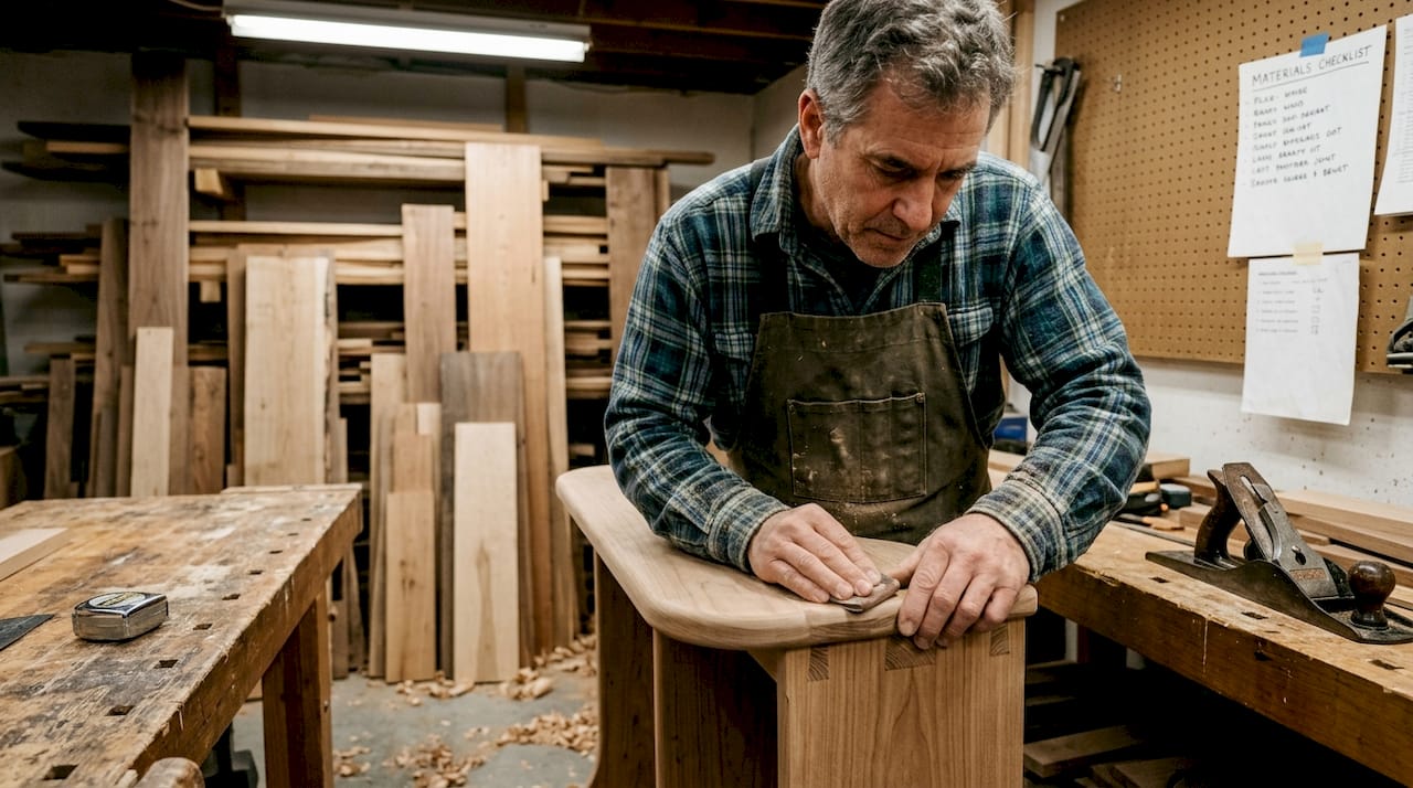 Woodworker crafting bench in Maryland workshop