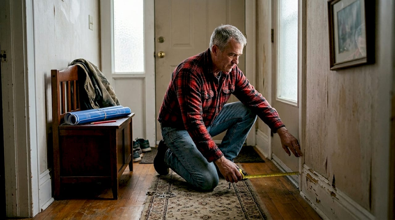 Craftsman measuring custom furniture fit in foyer