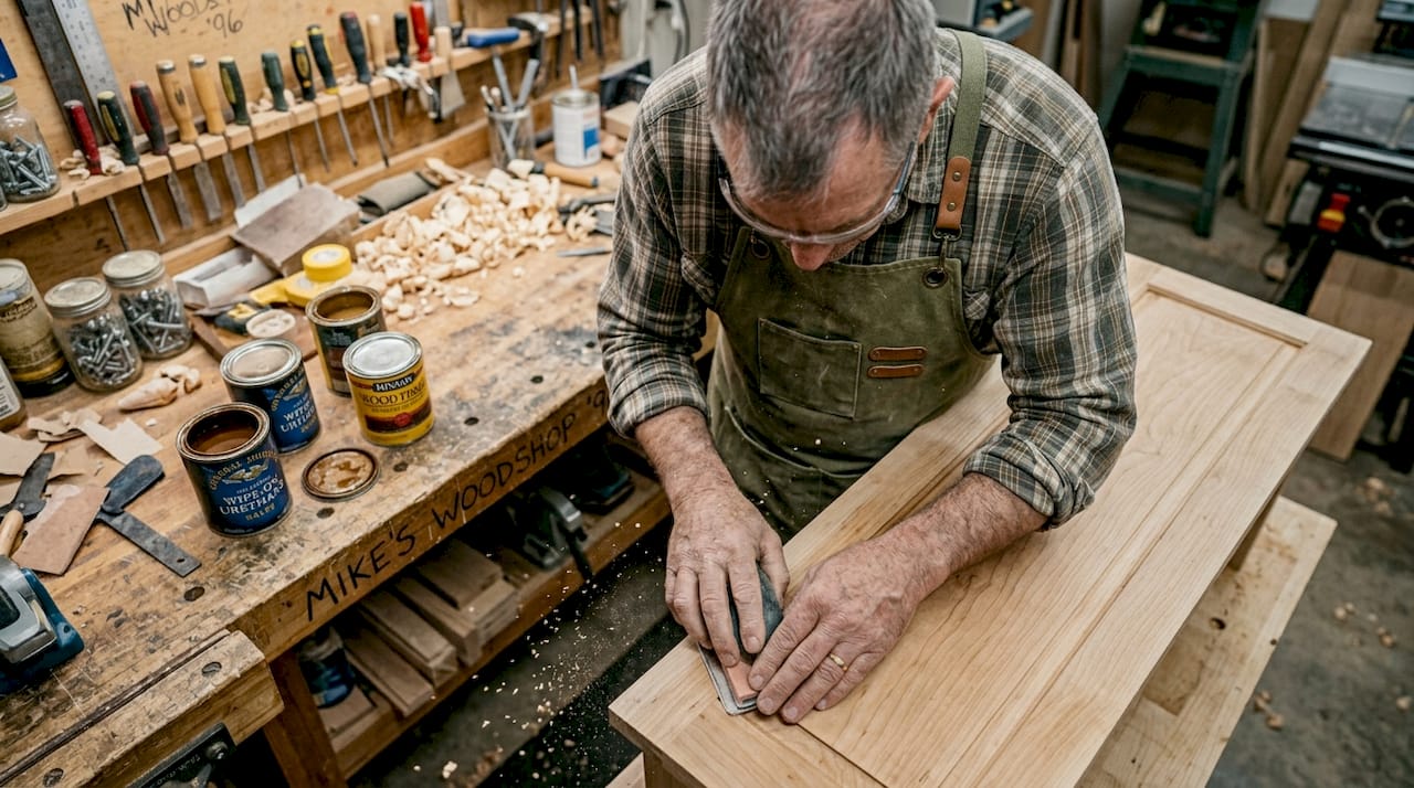 Craftsperson sanding bench in woodworking studio