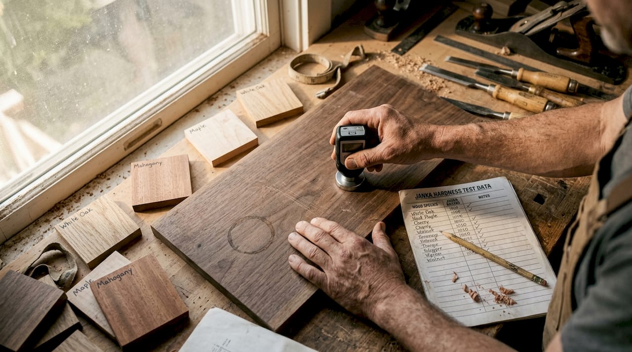 Hands testing wood hardness with chart