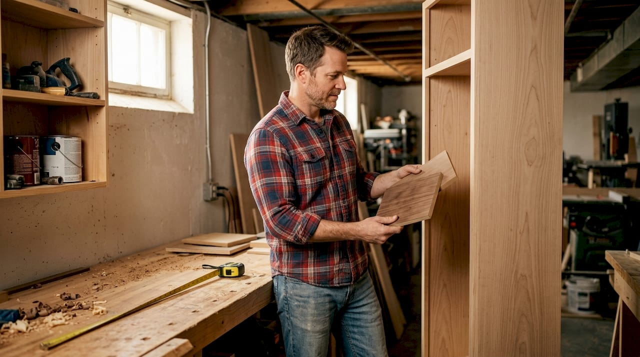 Carpenter comparing plywood and MDF for mud locker