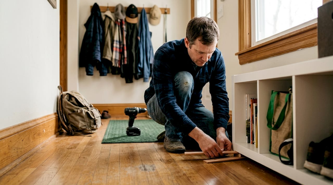 Man leveling entryway furniture with shims