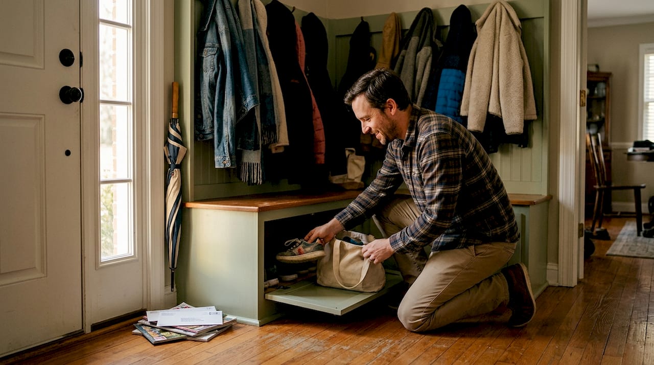 Father organizing entryway storage bench