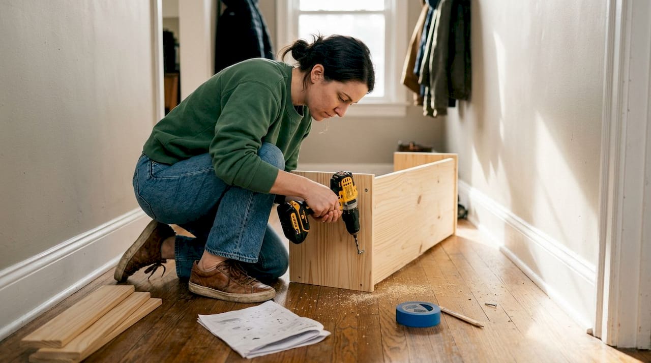 Woman assembling entryway bench at home