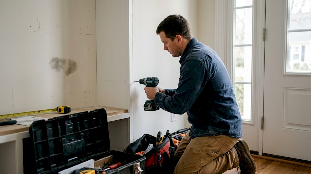 Installer mounting mudroom cabinets securely
